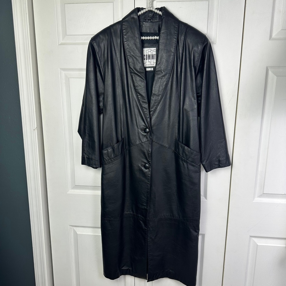 Comint Leather VTG Black Trench Coat Longline Shawl Collar Womens Small Matrix